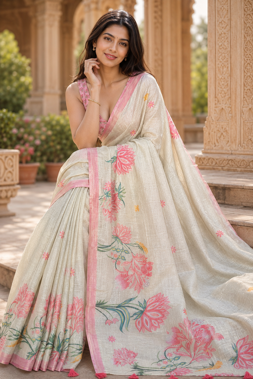 Cream Linen Silk Blend Saree for Women with Elegant Traditional Design & Designer Pallu