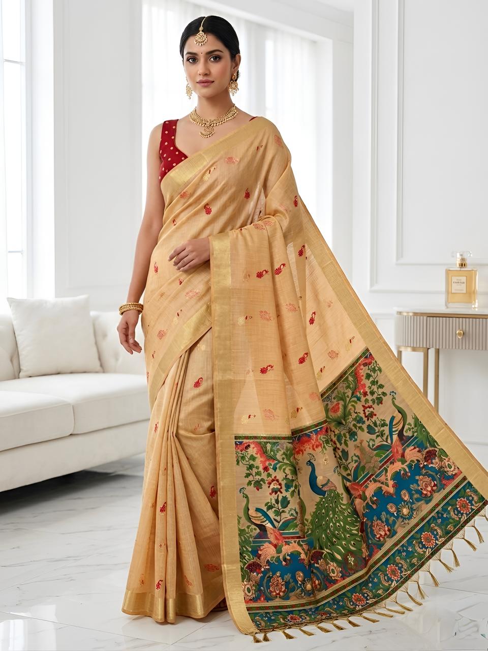 Golden Beige Silk Saree with Peacock Kalamkari Pallu & Zari Border