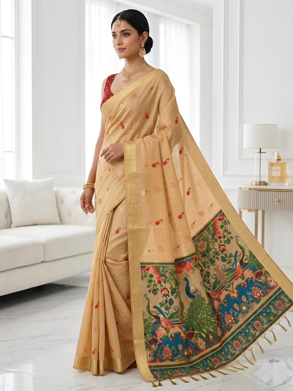Golden Beige Silk Saree with Peacock Kalamkari Pallu & Zari Border