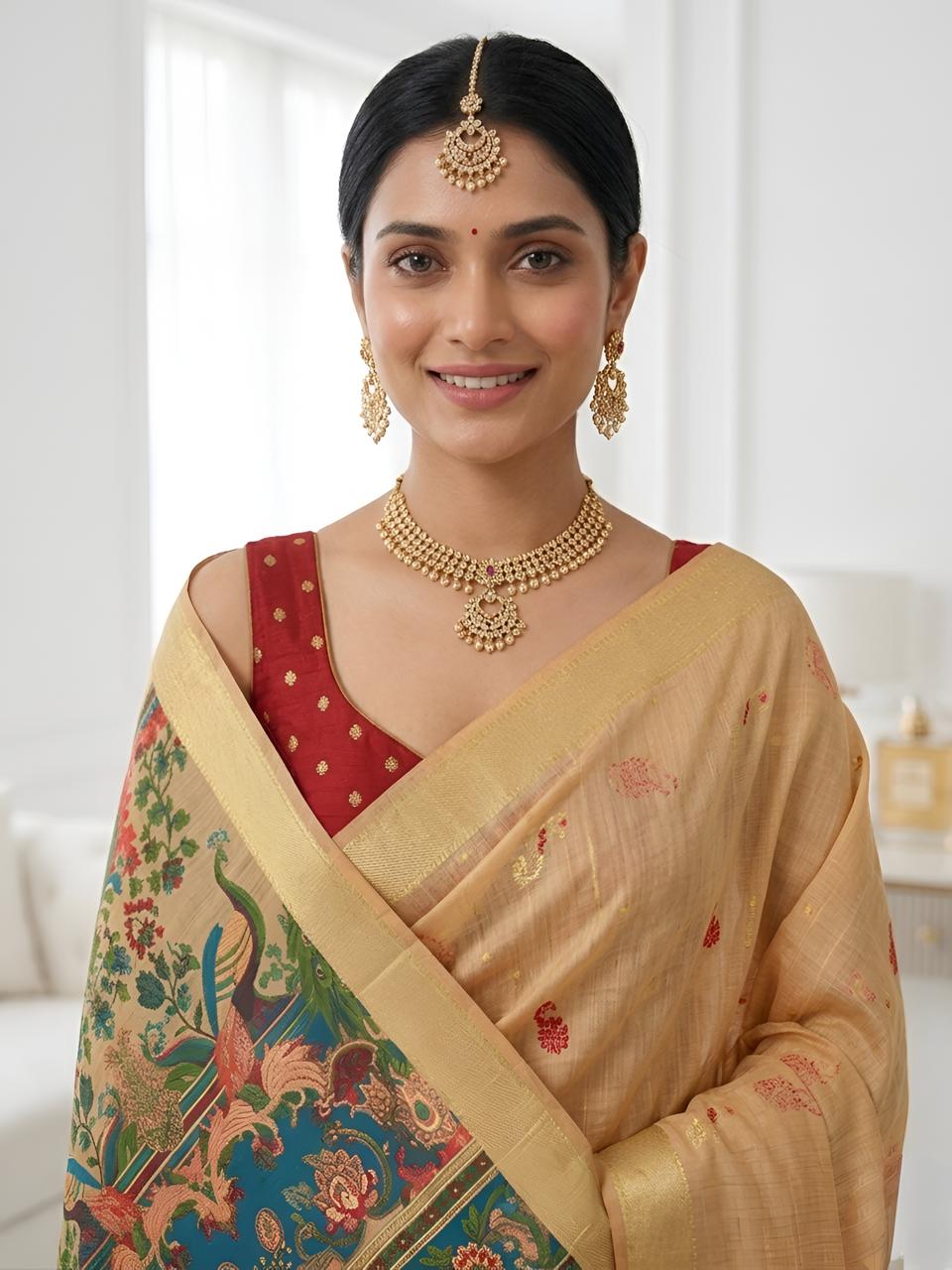 Golden Beige Silk Saree with Peacock Kalamkari Pallu & Zari Border