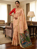 Peach Silk Saree with Peacock Kalamkari Pallu & Golden Zari Border
