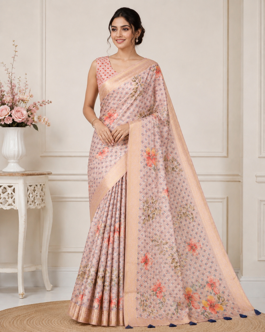 Peach Floral Printed Kanjivaram Silk Saree for Women | Elegant Party Wear Saree