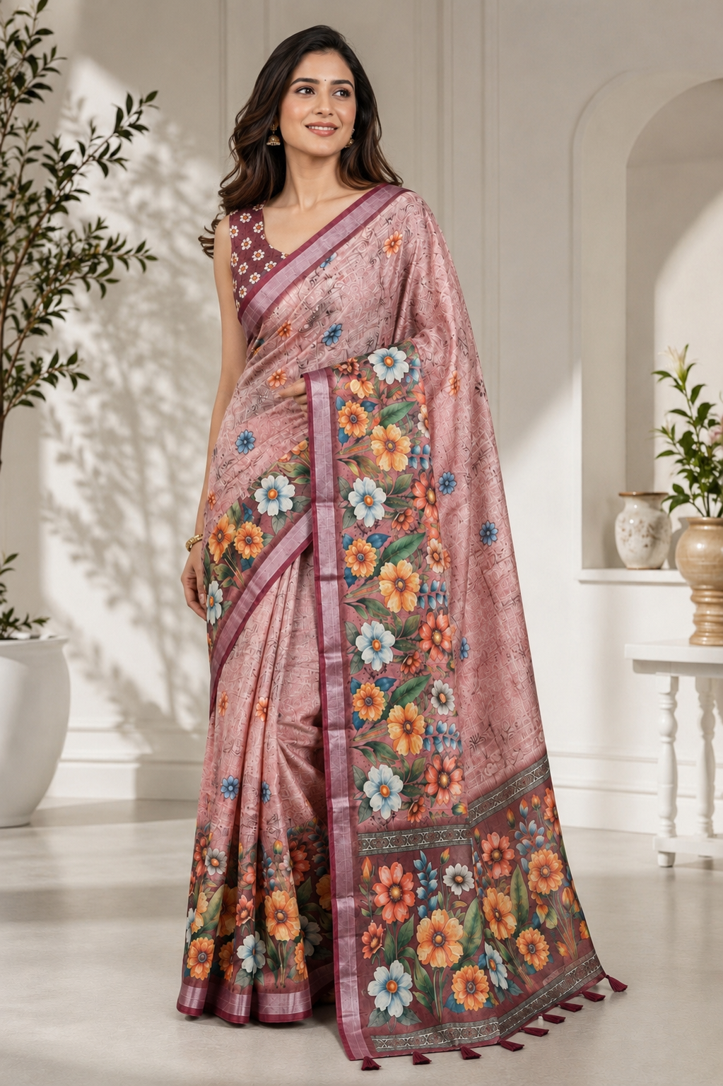 Peach Floral Printed Linen Blend Saree with Tassels