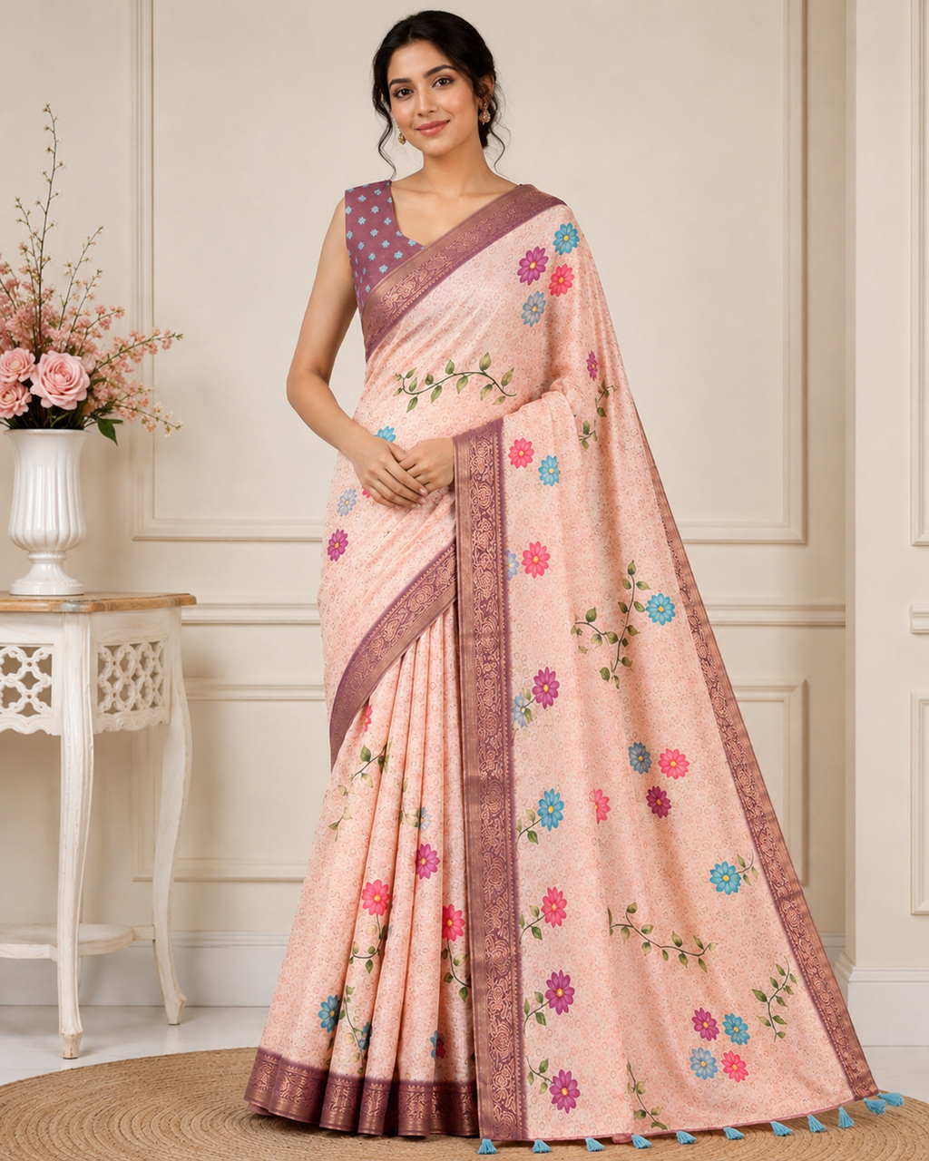 Peach Floral Printed Kanjivaram Silk Saree for Women | Traditional Festive Saree