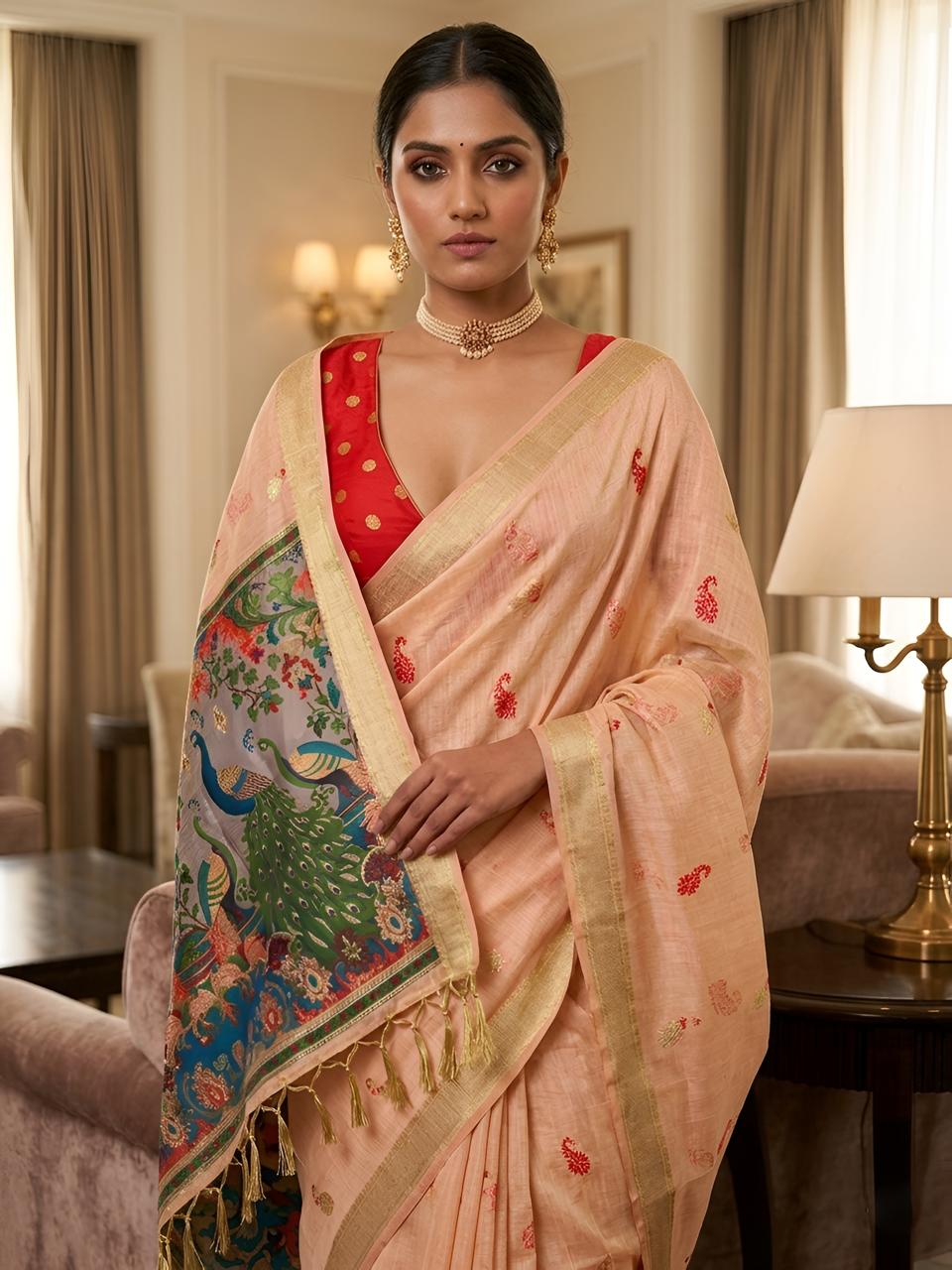 Peach Silk Saree with Peacock Kalamkari Pallu & Golden Zari Border