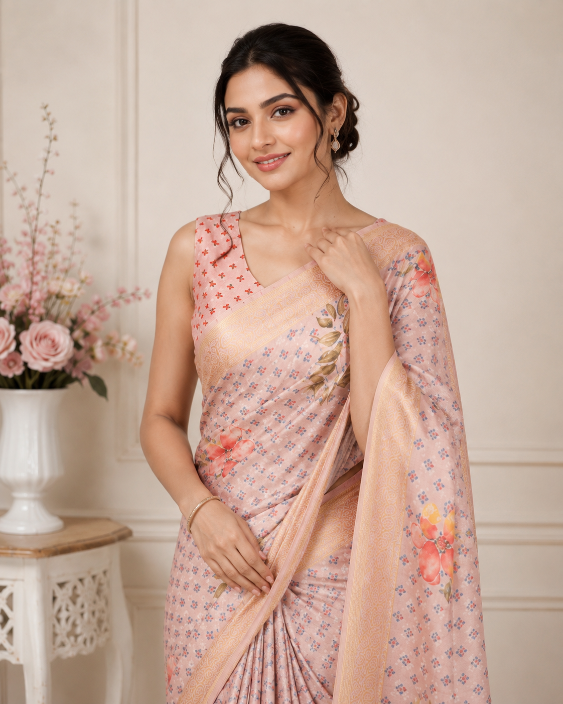 Peach Floral Printed Kanjivaram Silk Saree for Women | Elegant Party Wear Saree