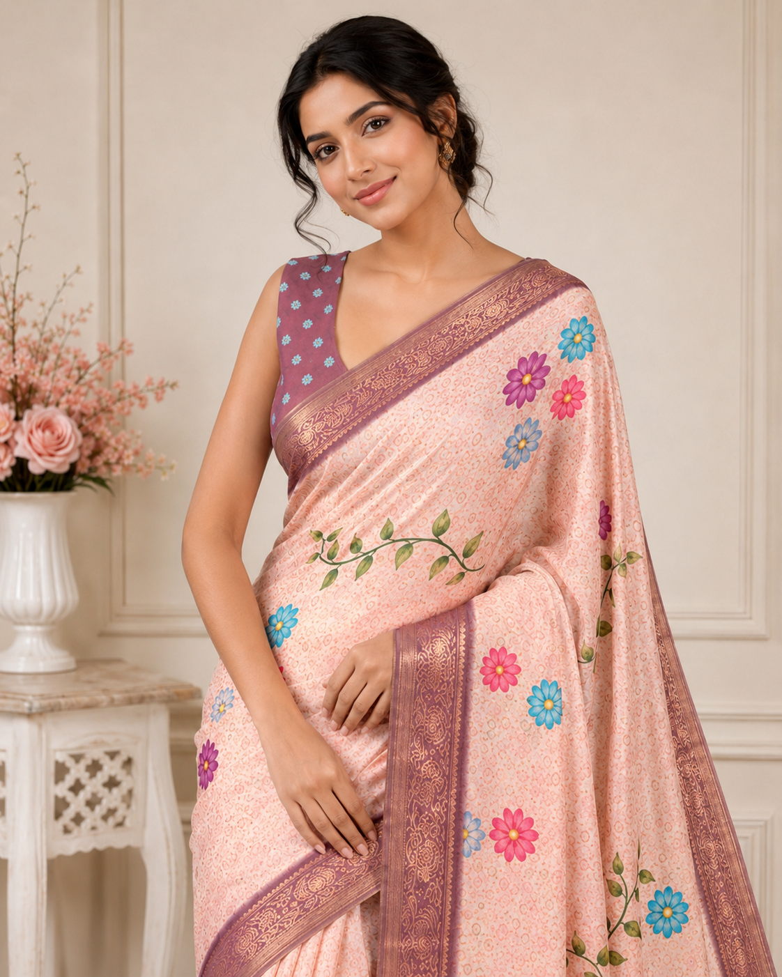 Peach Floral Printed Kanjivaram Silk Saree for Women | Traditional Festive Saree