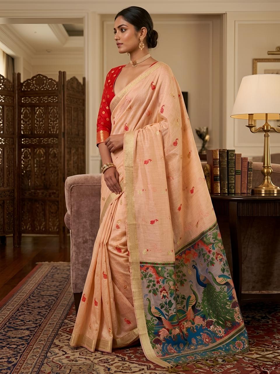 Peach Silk Saree with Peacock Kalamkari Pallu & Golden Zari Border