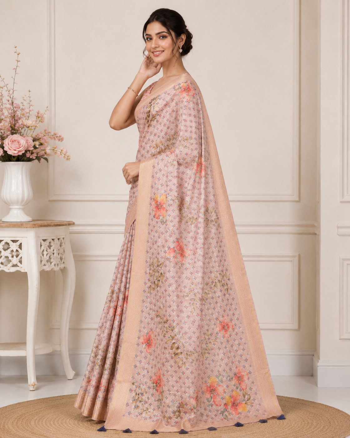 Peach Floral Printed Kanjivaram Silk Saree for Women | Elegant Party Wear Saree