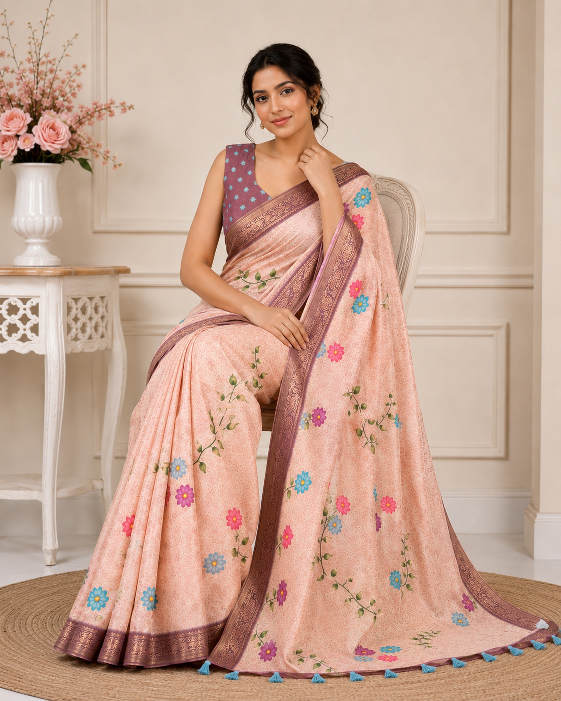 Peach Floral Printed Kanjivaram Silk Saree for Women | Traditional Festive Saree