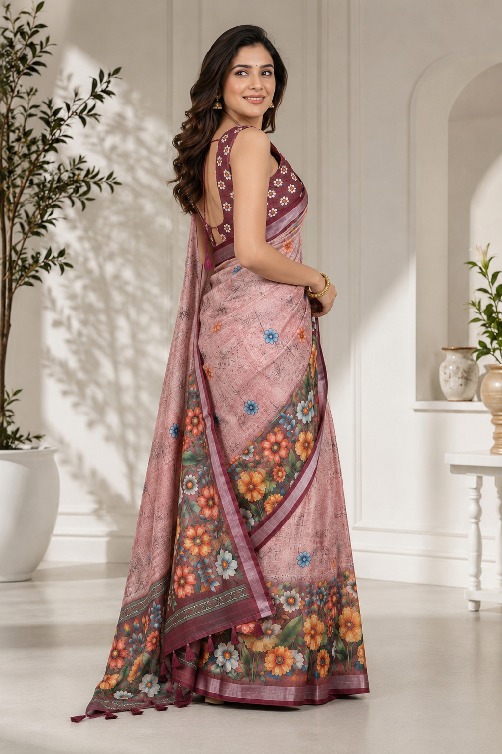 Peach Floral Printed Linen Blend Saree with Tassels