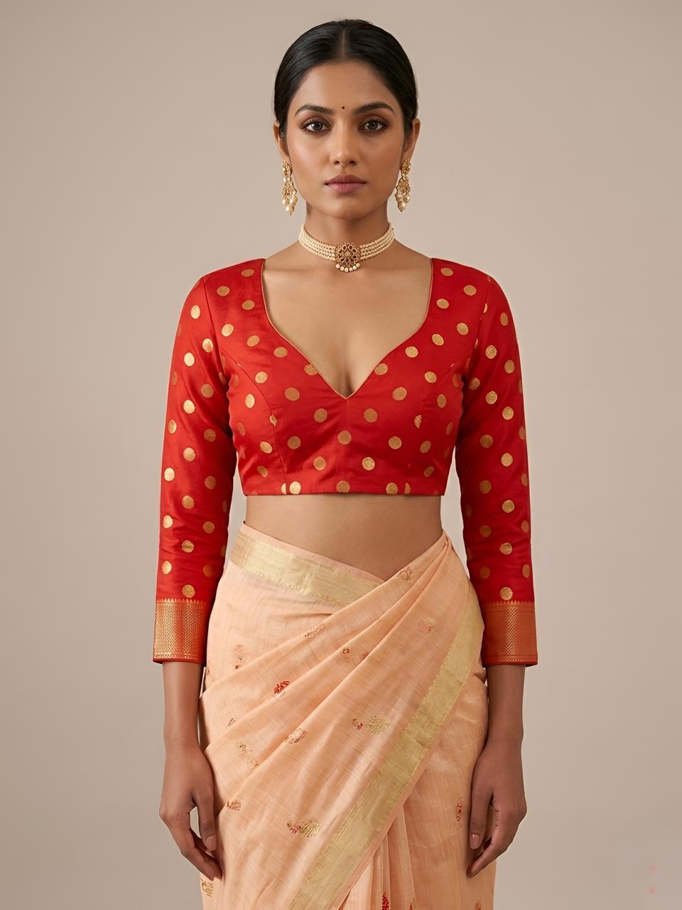 Peach Silk Saree with Peacock Kalamkari Pallu & Golden Zari Border