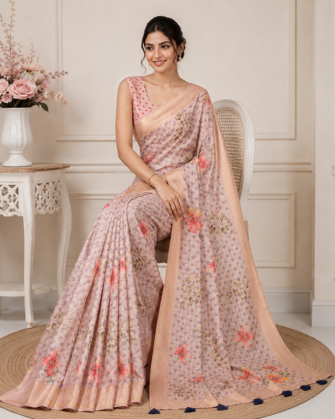 Peach Floral Printed Kanjivaram Silk Saree for Women | Elegant Party Wear Saree