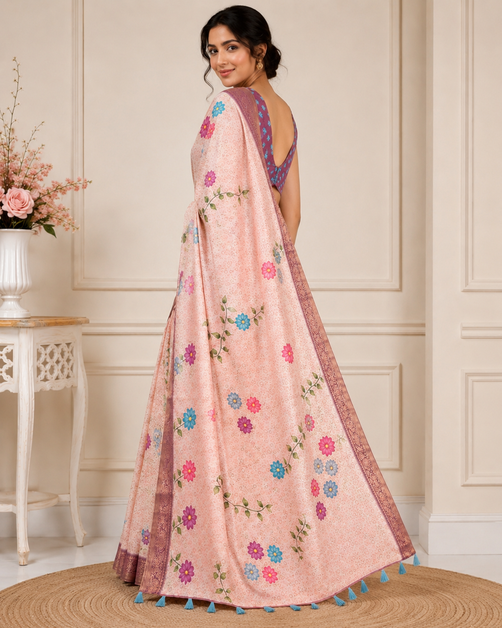 Peach Floral Printed Kanjivaram Silk Saree for Women | Traditional Festive Saree