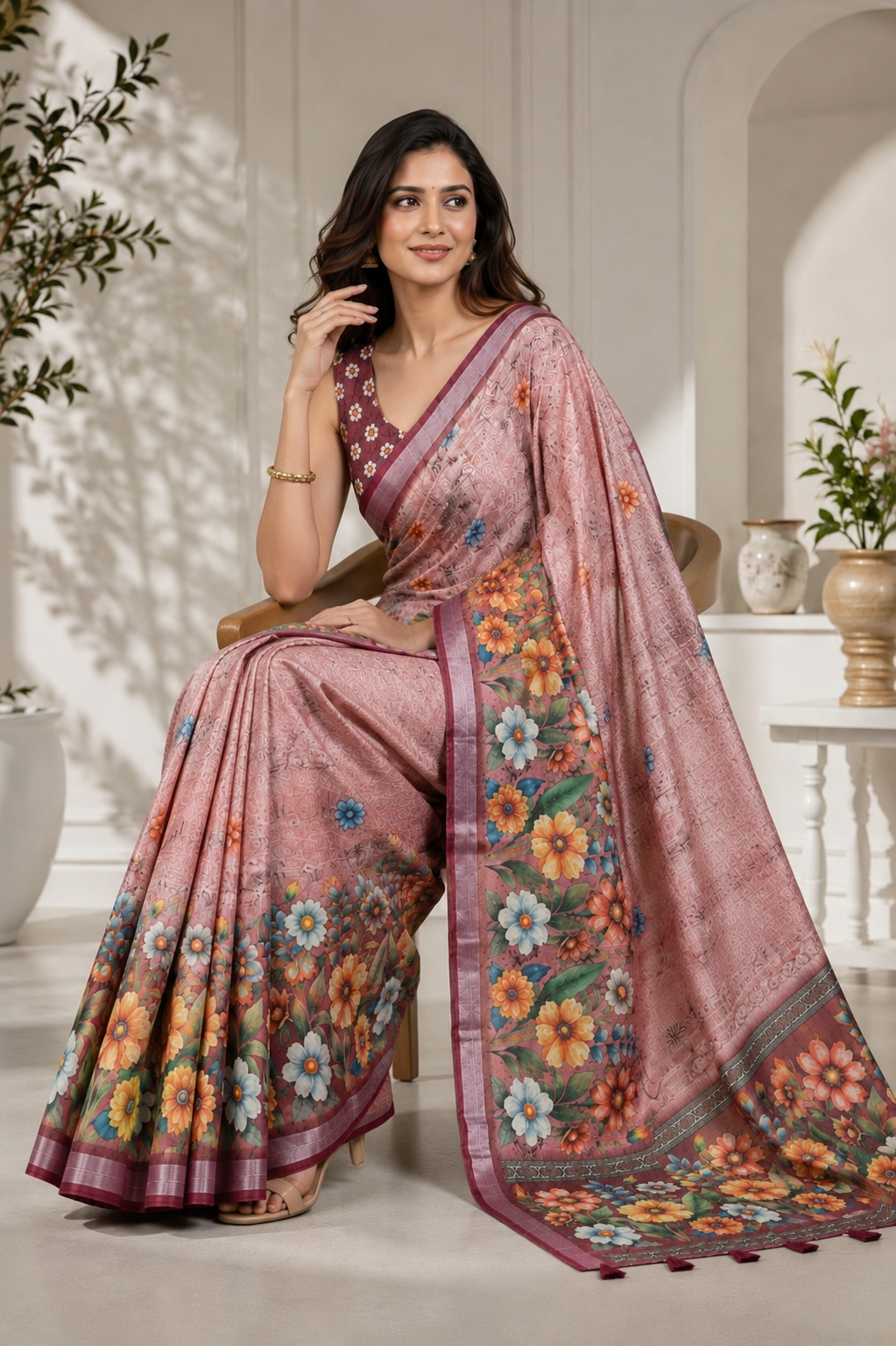 Peach Floral Printed Linen Blend Saree with Tassels