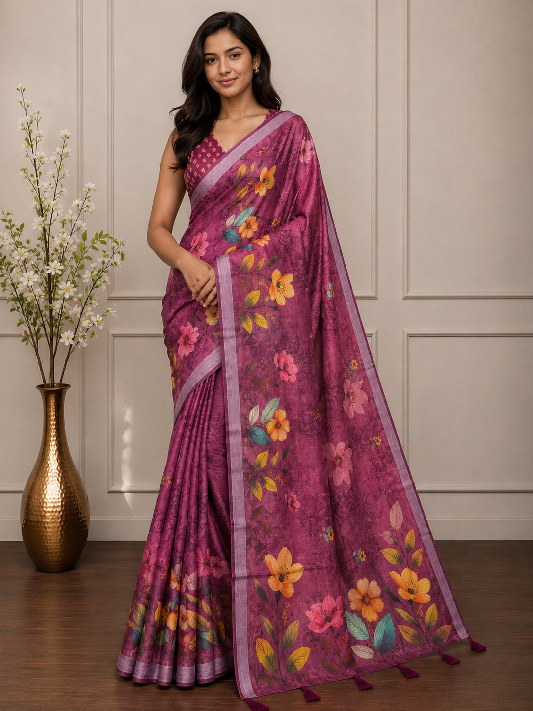Pink Floral Cotton Silk Saree with Designer Printed Pallu
