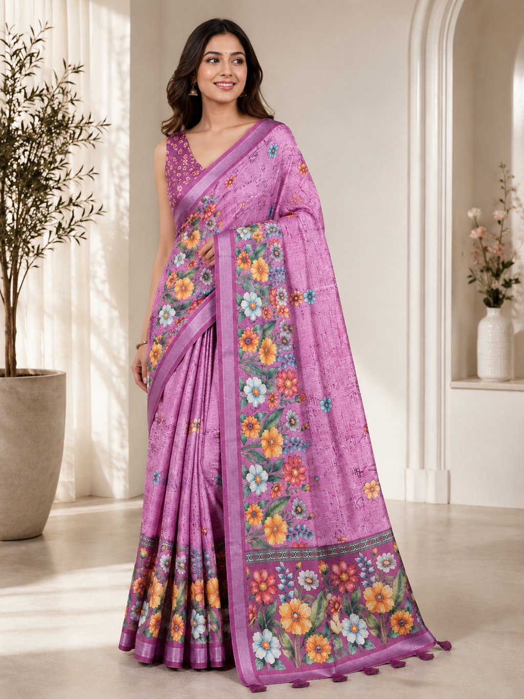 Pink Floral Printed Linen Blend Saree with Tassels