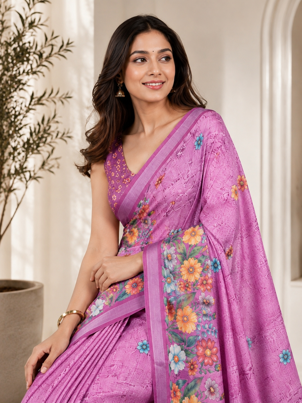 Pink Floral Printed Linen Blend Saree with Tassels