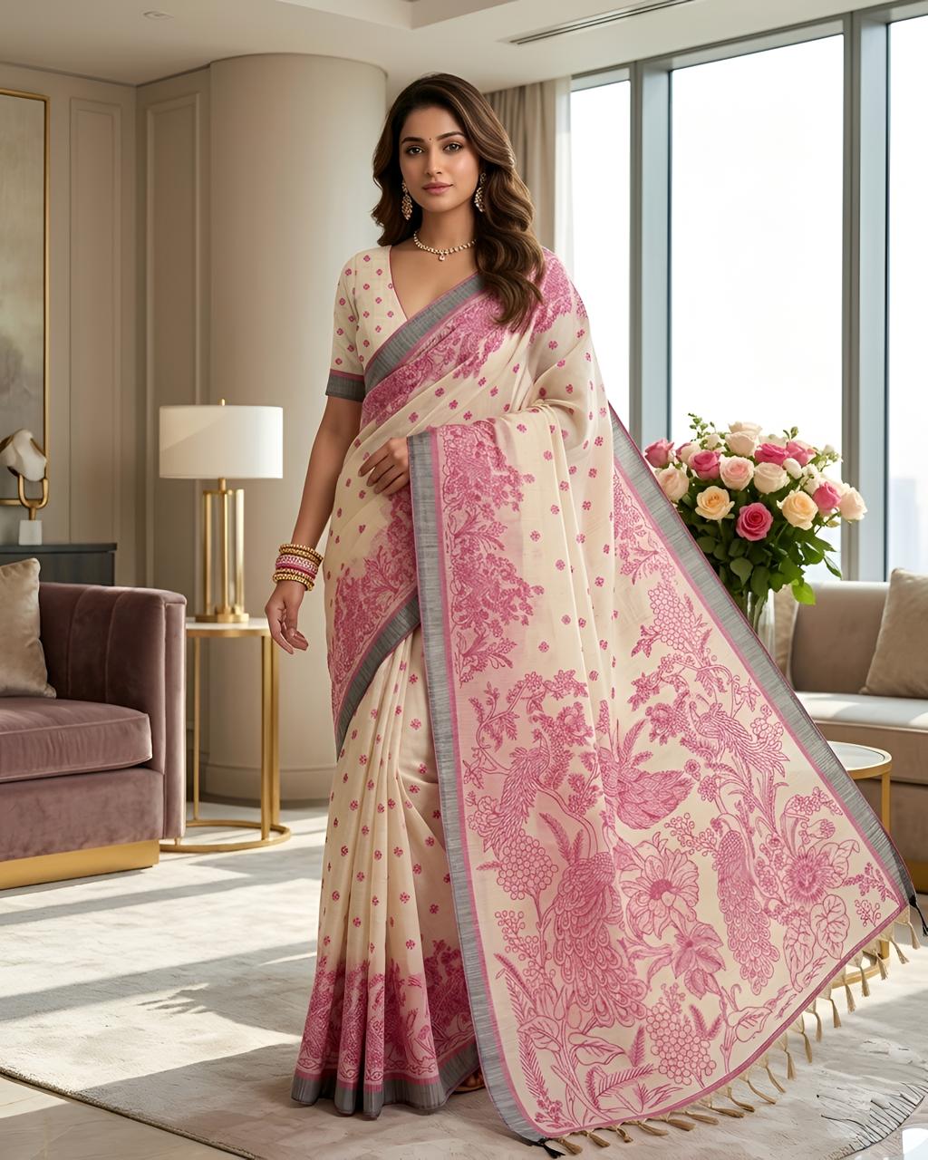Pink Printed Linen Saree with Floral Design, Contrast Border & Designer Pallu