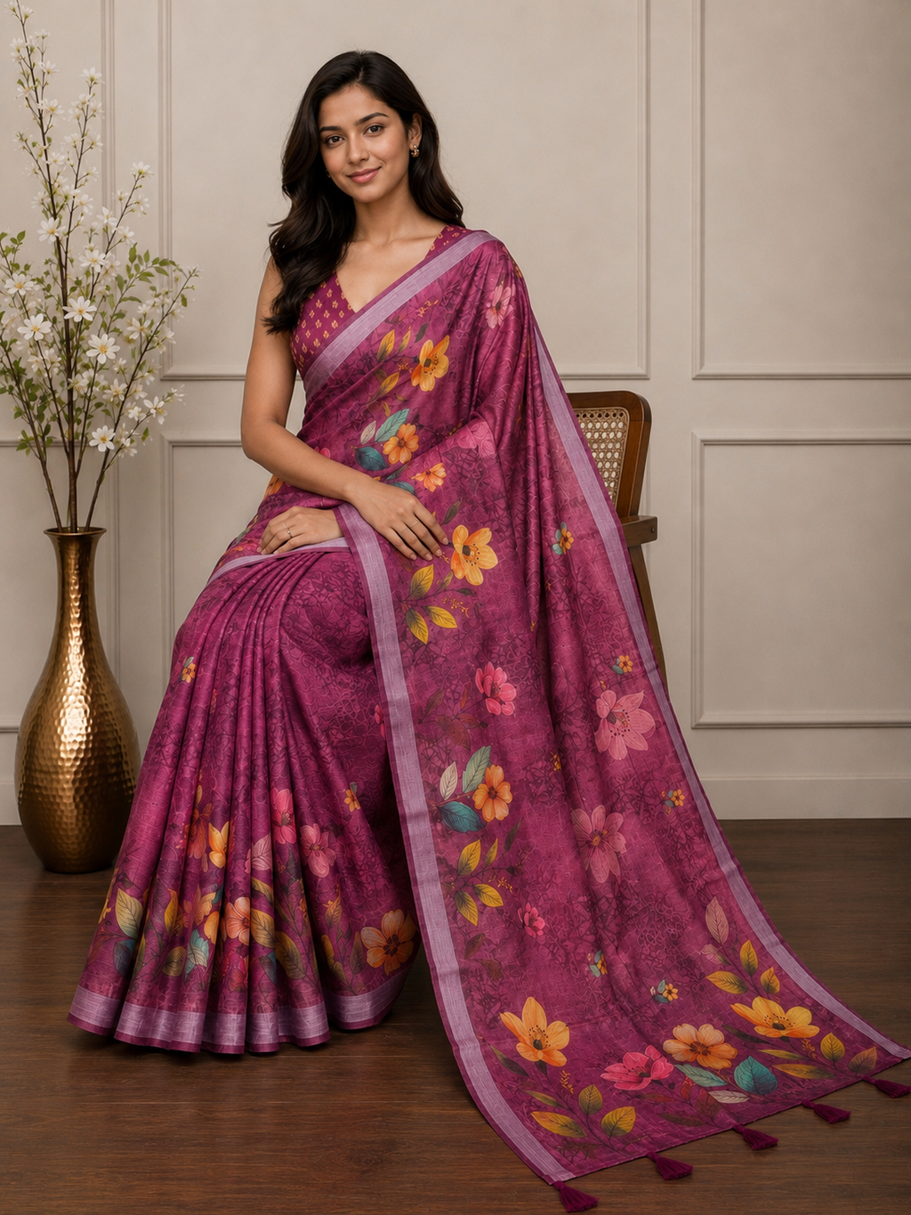 Pink Floral Cotton Silk Saree with Designer Printed Pallu