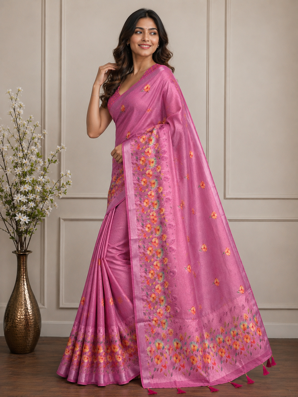 Pink Floral Cotton Silk Saree with Elegant Printed Pallu