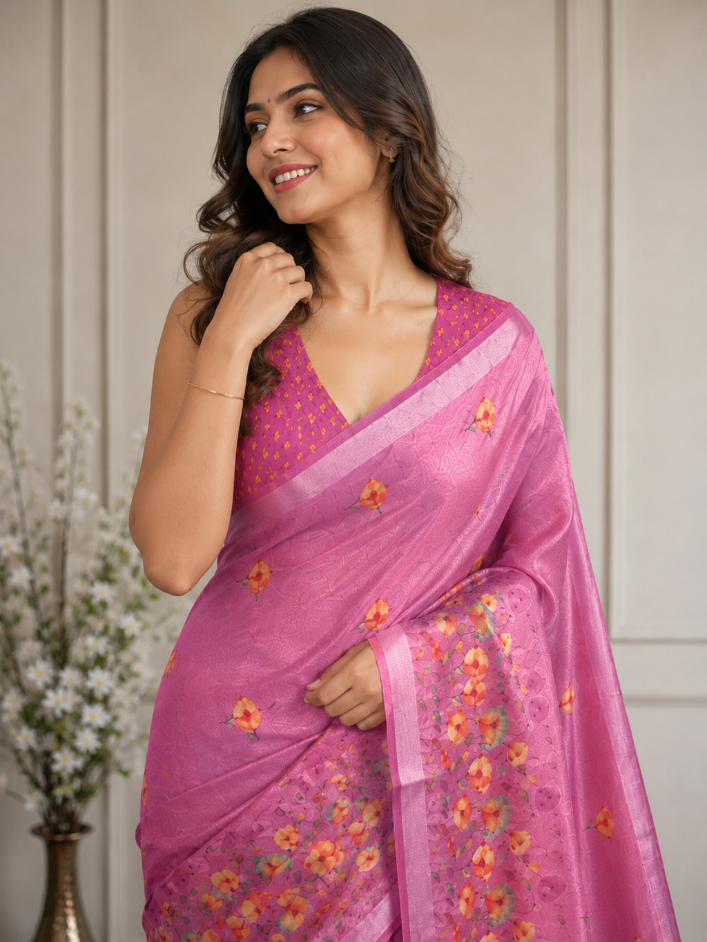 Pink Floral Cotton Silk Saree with Elegant Printed Pallu