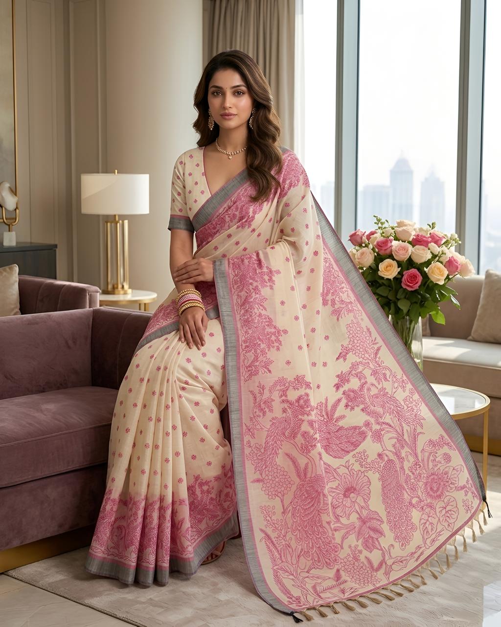 Pink Printed Linen Saree with Floral Design, Contrast Border & Designer Pallu