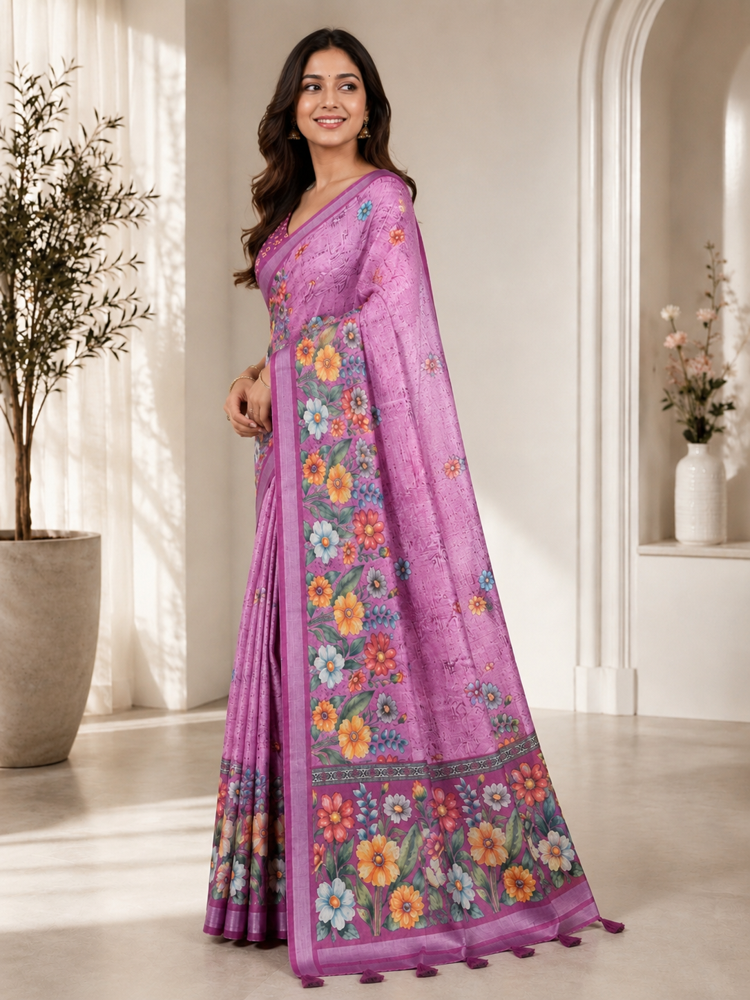 Pink Floral Printed Linen Blend Saree with Tassels