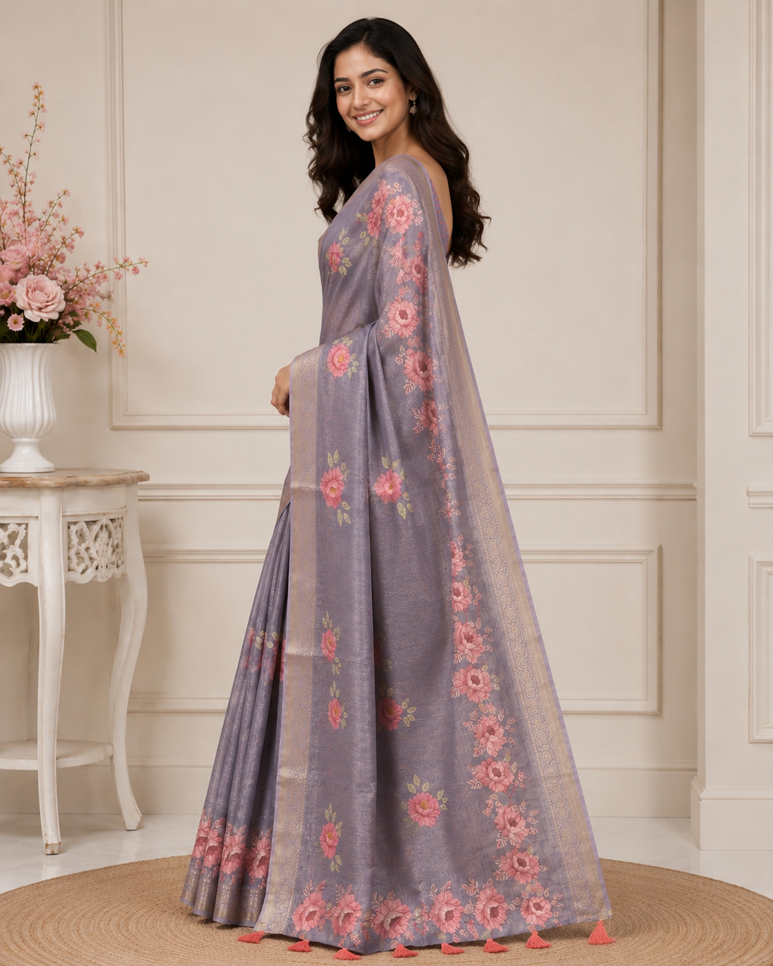 Pink Floral Printed Kanjivaram Silk Saree for Women | Elegant Festive Saree