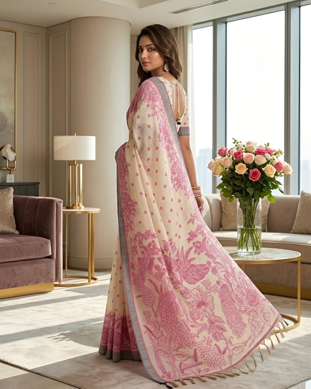 Pink Printed Linen Saree with Floral Design, Contrast Border & Designer Pallu
