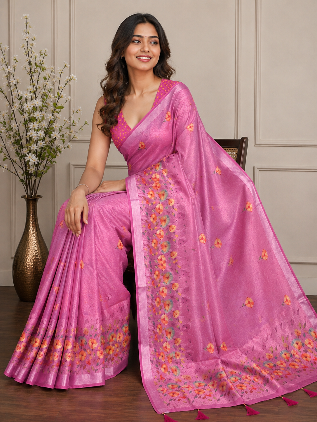 Pink Floral Cotton Silk Saree with Elegant Printed Pallu