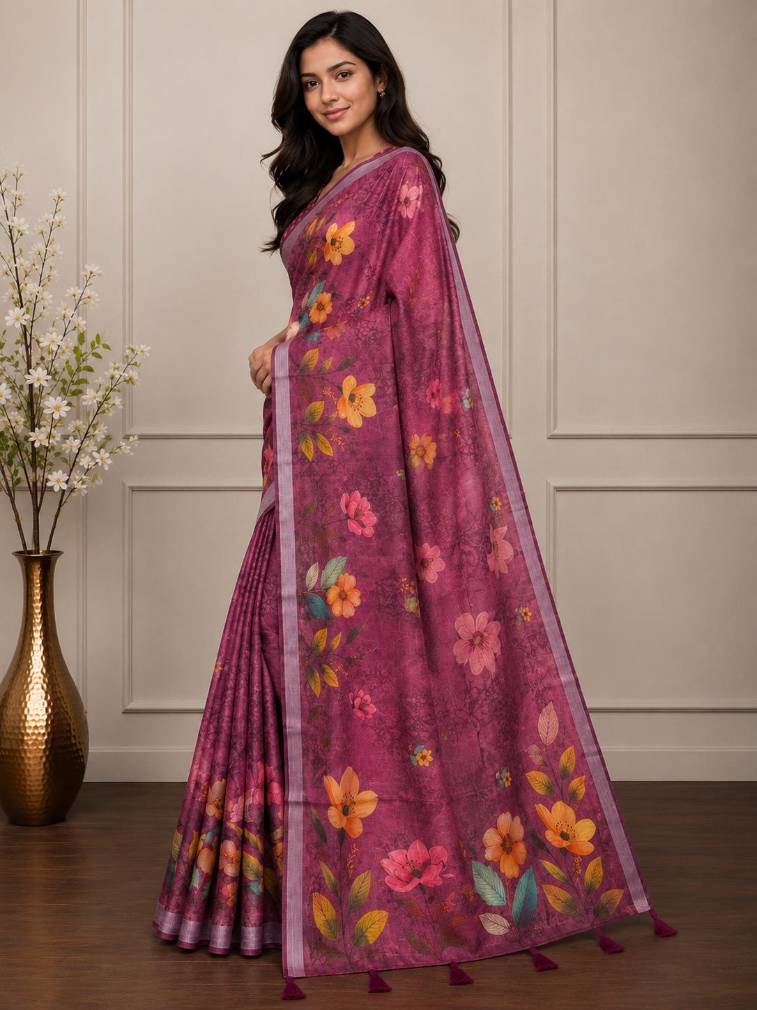 Pink Floral Cotton Silk Saree with Designer Printed Pallu