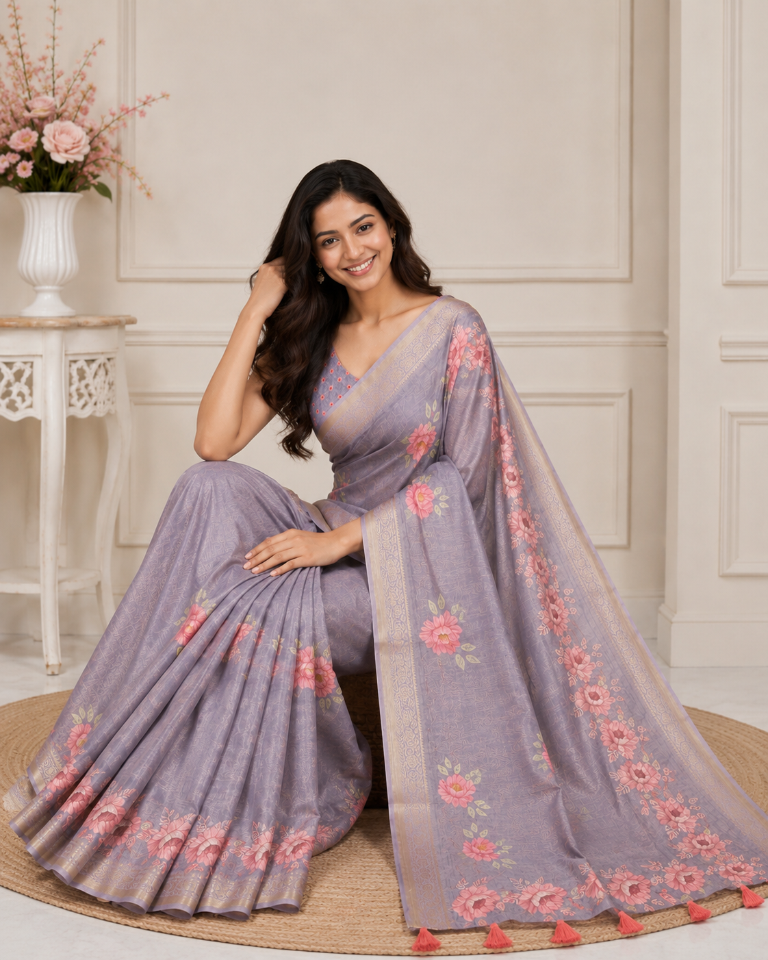 Pink Floral Printed Kanjivaram Silk Saree for Women | Elegant Festive Saree