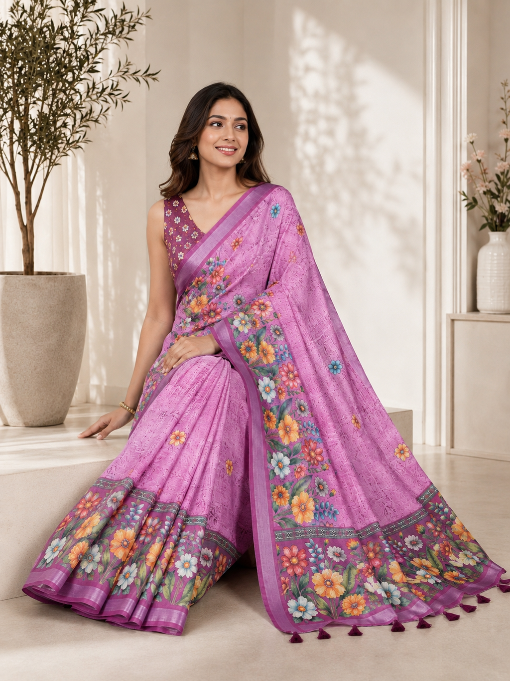Pink Floral Printed Linen Blend Saree with Tassels