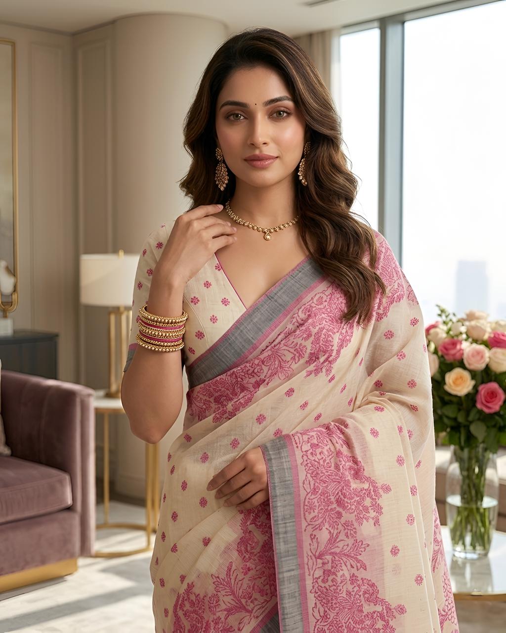 Pink Printed Linen Saree with Floral Design, Contrast Border & Designer Pallu