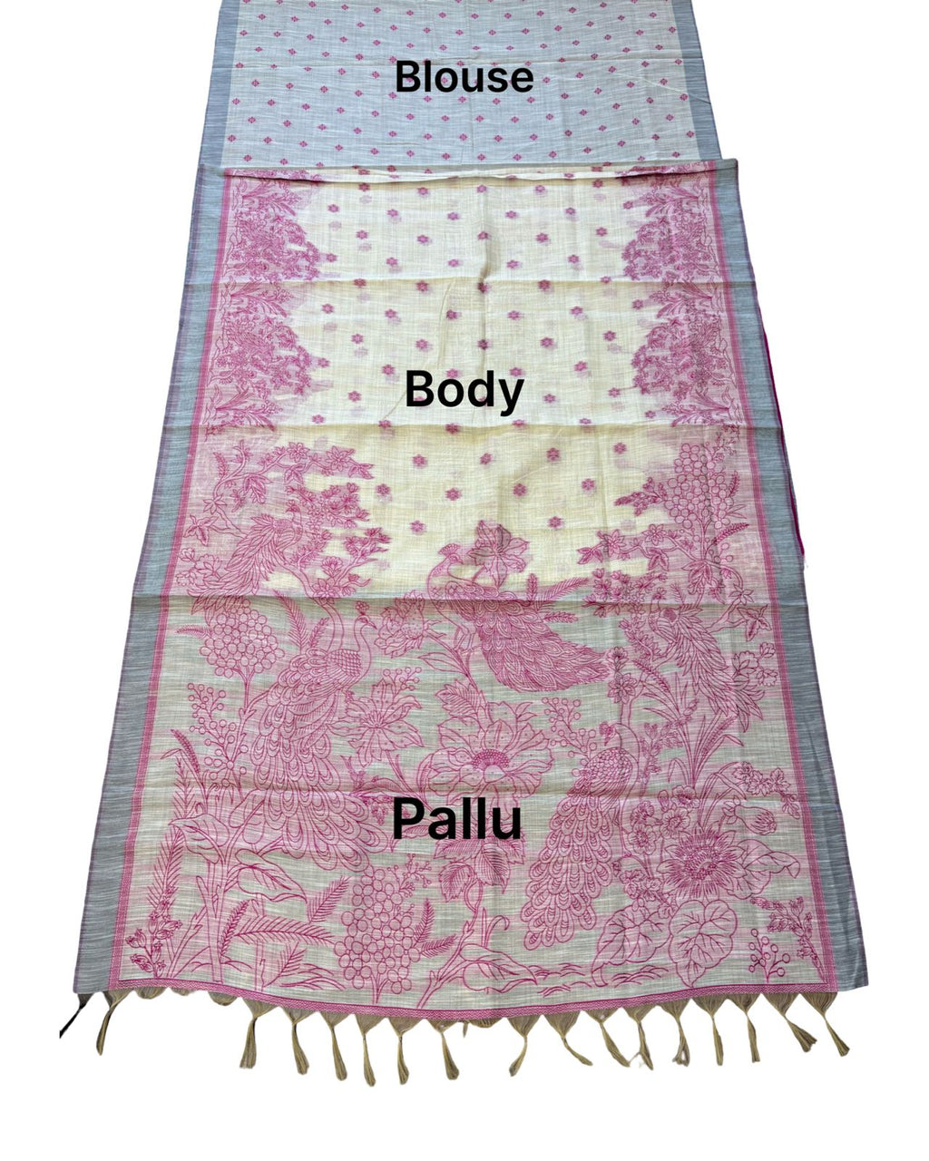 Pink Printed Linen Saree with Floral Design, Contrast Border & Designer Pallu