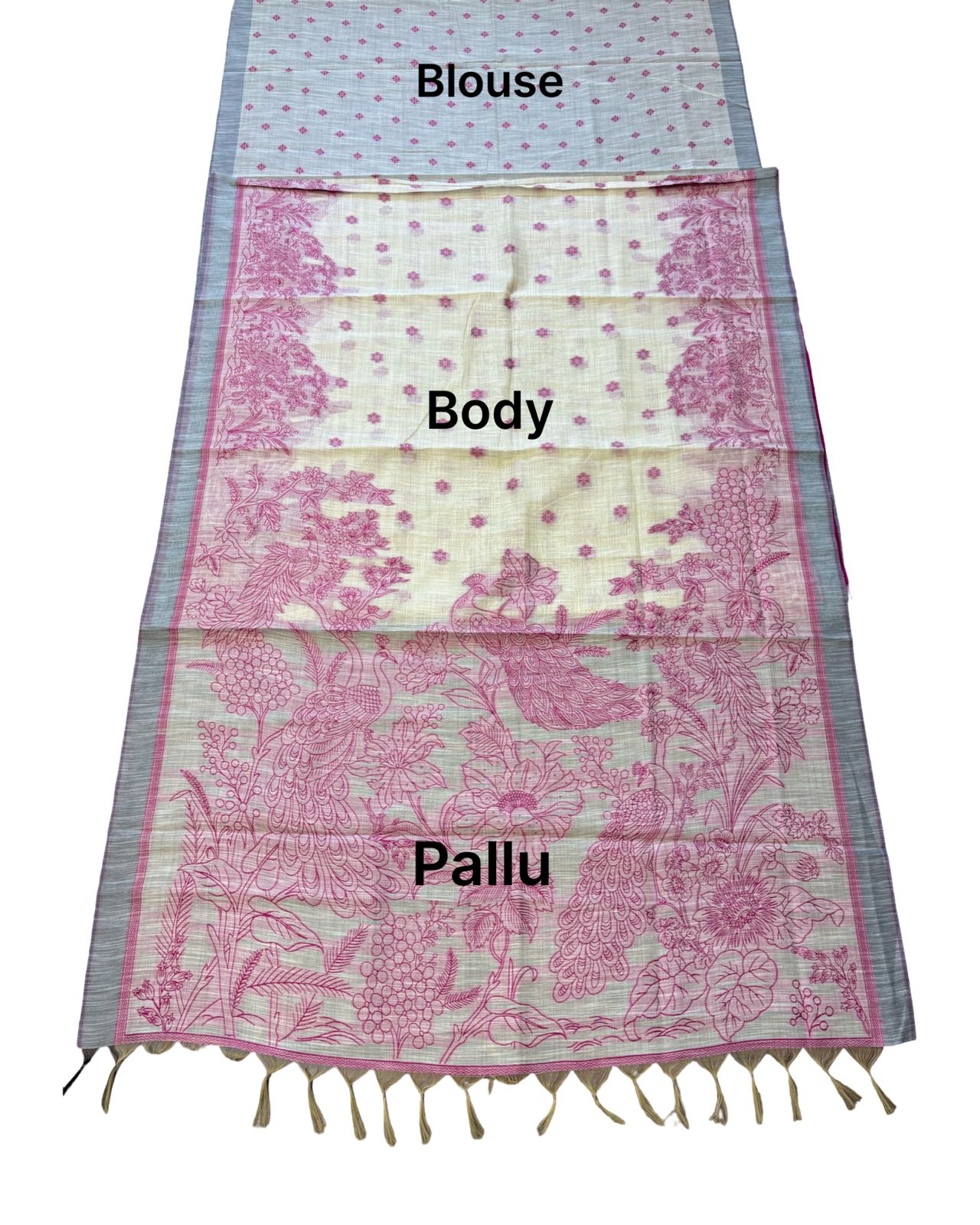 Pink Printed Linen Saree with Floral Design, Contrast Border & Designer Pallu