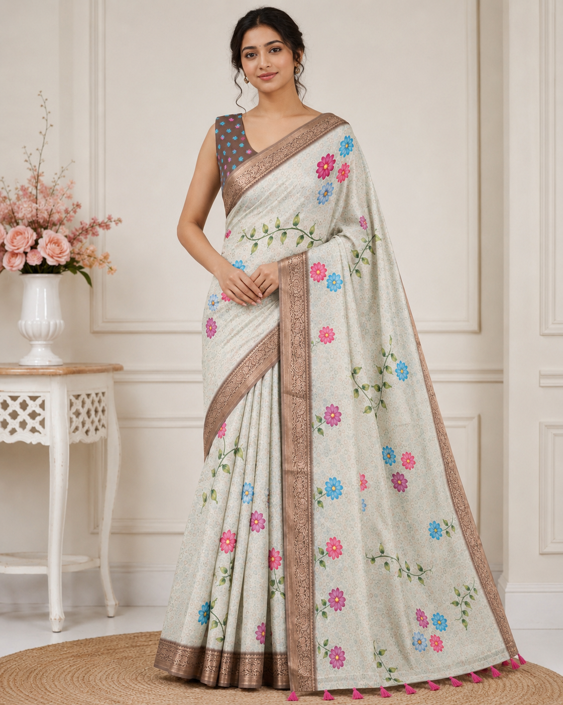 Pista Grey Floral Printed Kanjivaram Silk Saree for Women | Elegant Traditional Saree