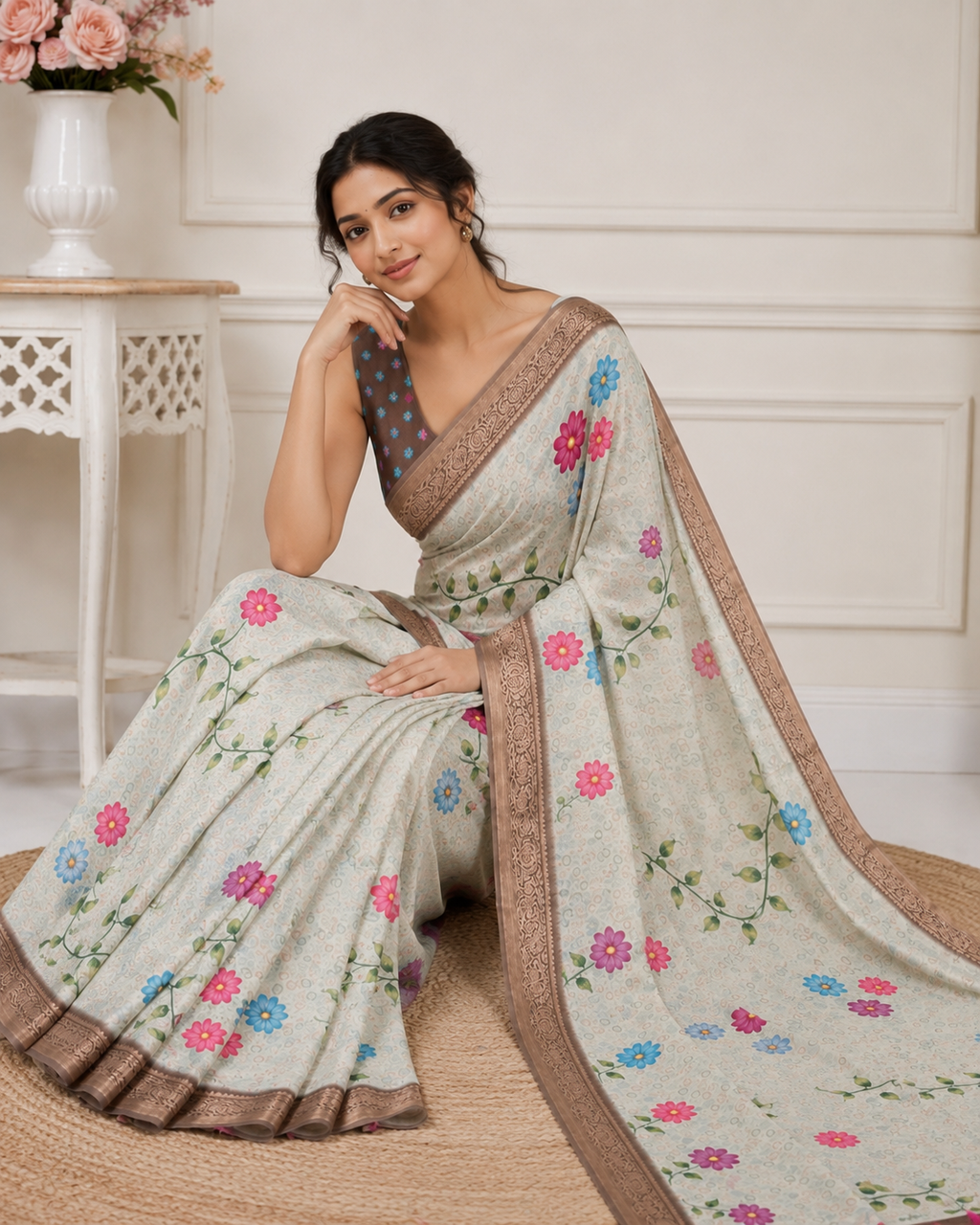 Pista Grey Floral Printed Kanjivaram Silk Saree for Women | Elegant Traditional Saree