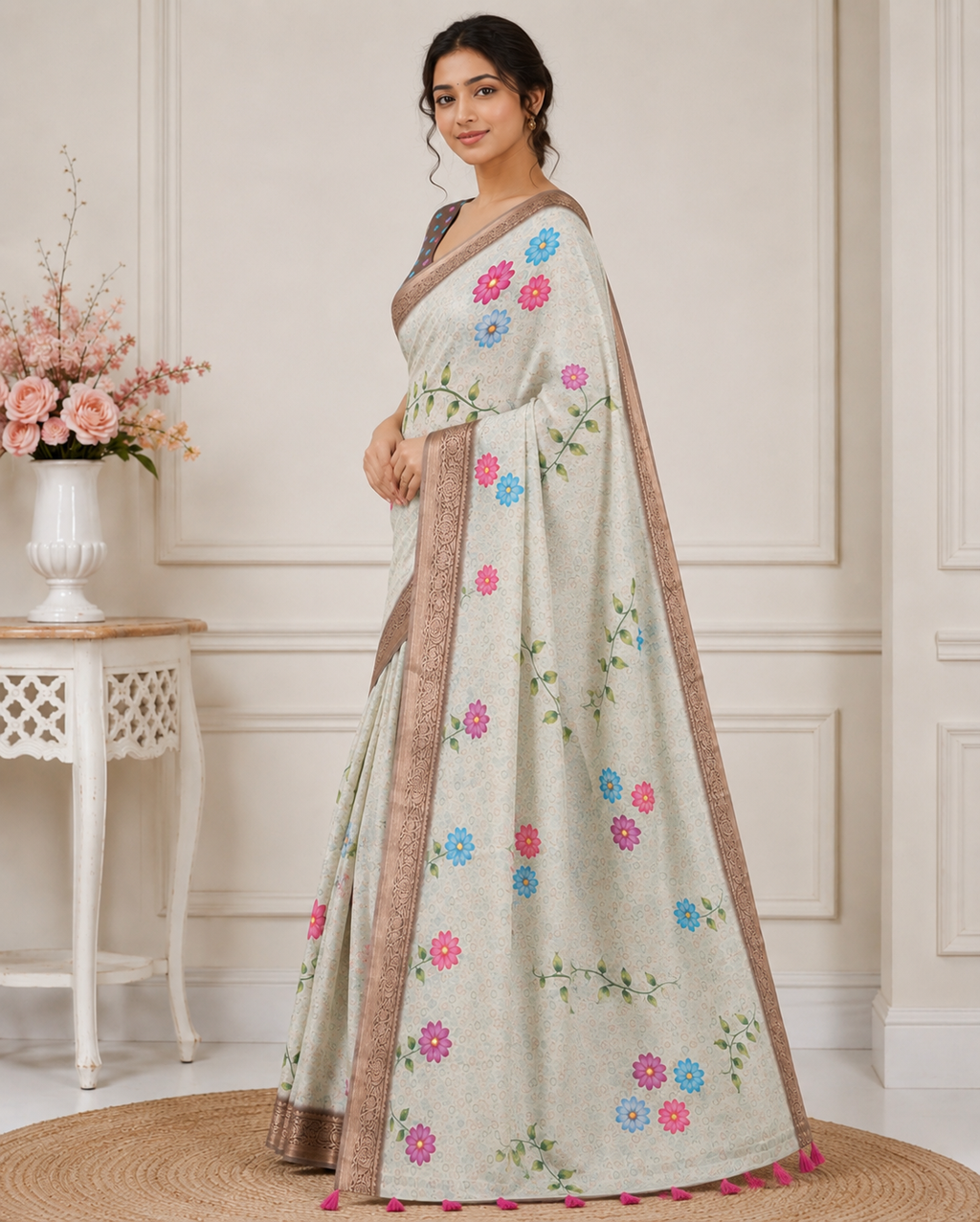 Pista Grey Floral Printed Kanjivaram Silk Saree for Women | Elegant Traditional Saree