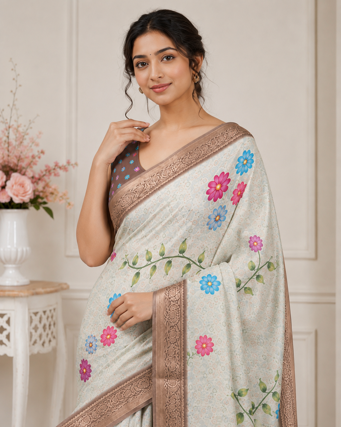 Pista Grey Floral Printed Kanjivaram Silk Saree for Women | Elegant Traditional Saree