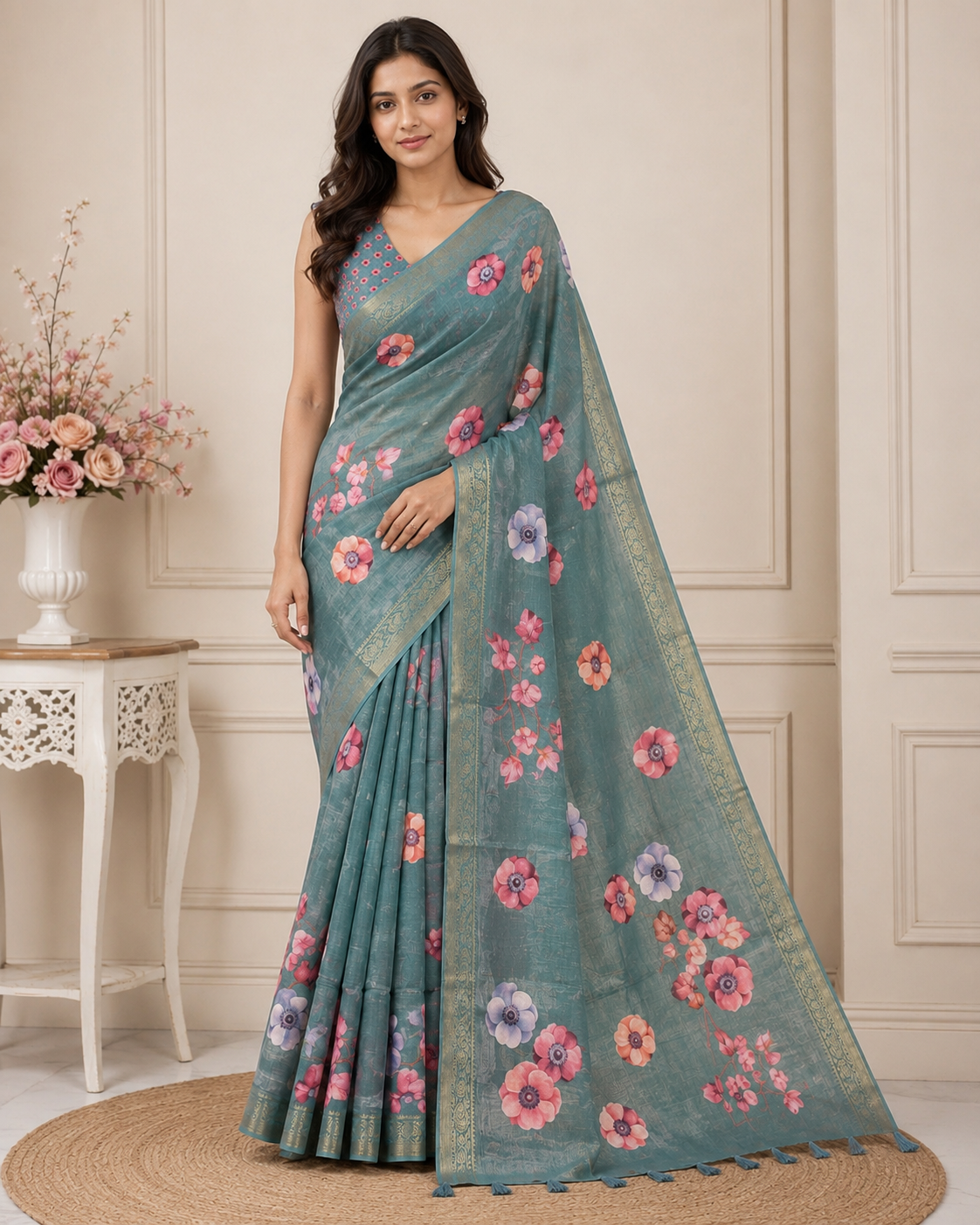 Rama Green Floral Printed Kanjivaram Silk Saree for Women | Elegant Festive Saree