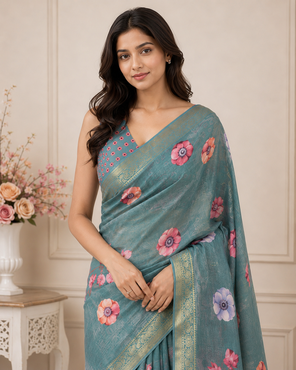 Rama Green Floral Printed Kanjivaram Silk Saree for Women | Elegant Festive Saree