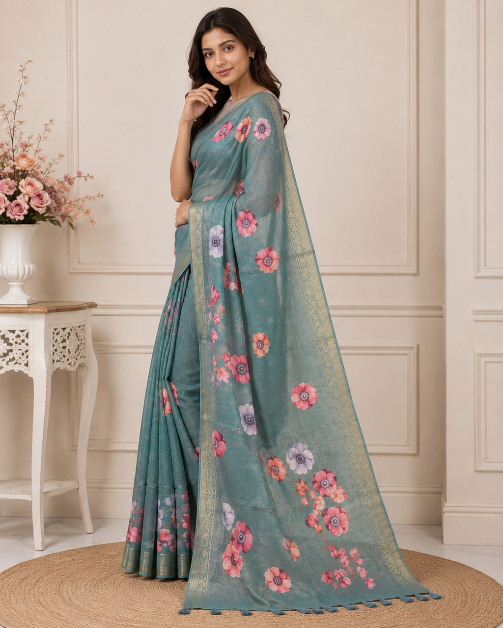 Rama Green Floral Printed Kanjivaram Silk Saree for Women | Elegant Festive Saree