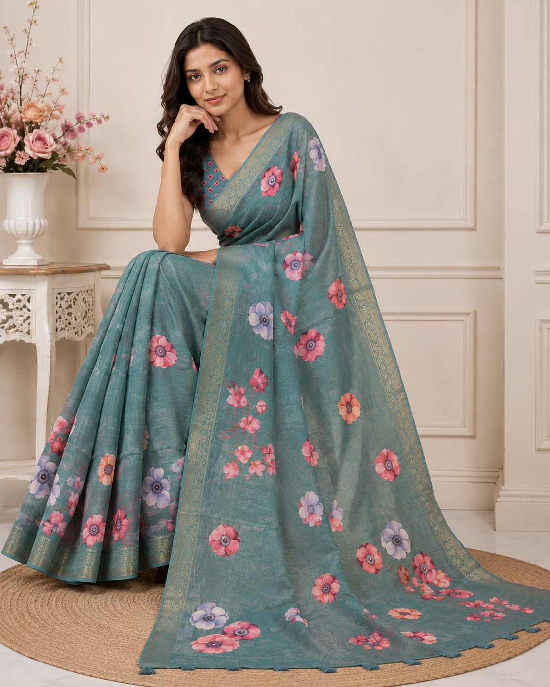 Rama Green Floral Printed Kanjivaram Silk Saree for Women | Elegant Festive Saree