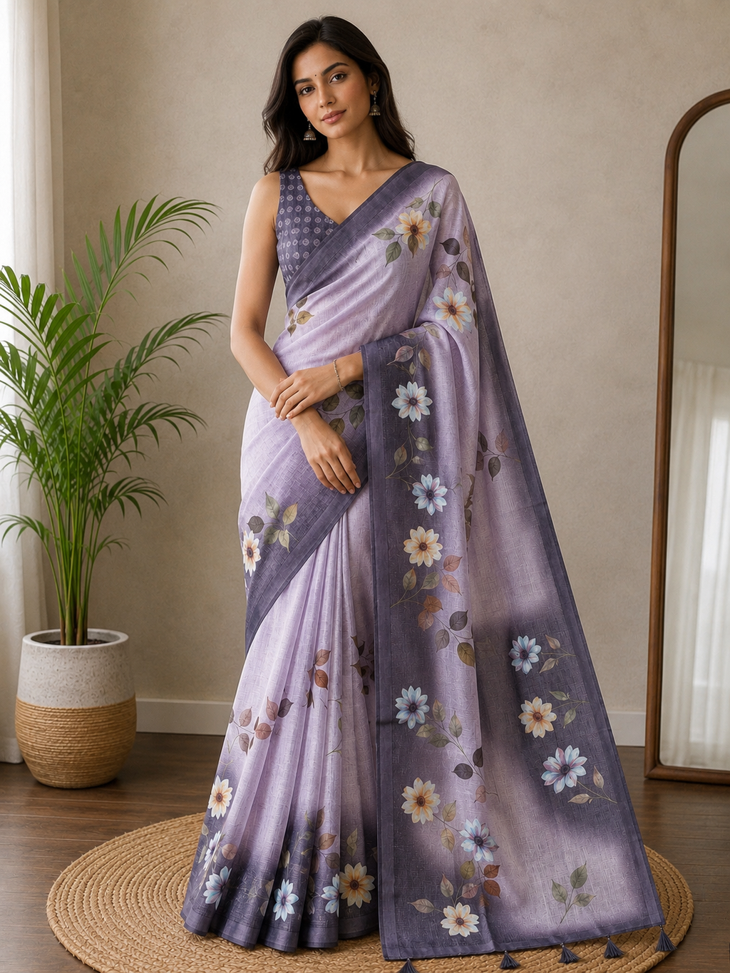 Purple Floral Printed Linen Blend Saree