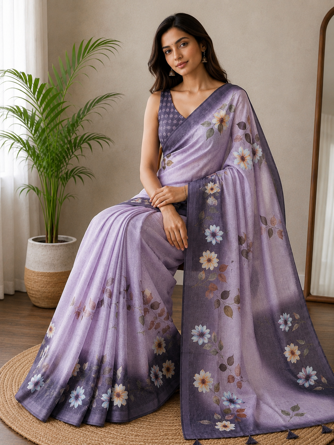 Purple Floral Printed Linen Blend Saree