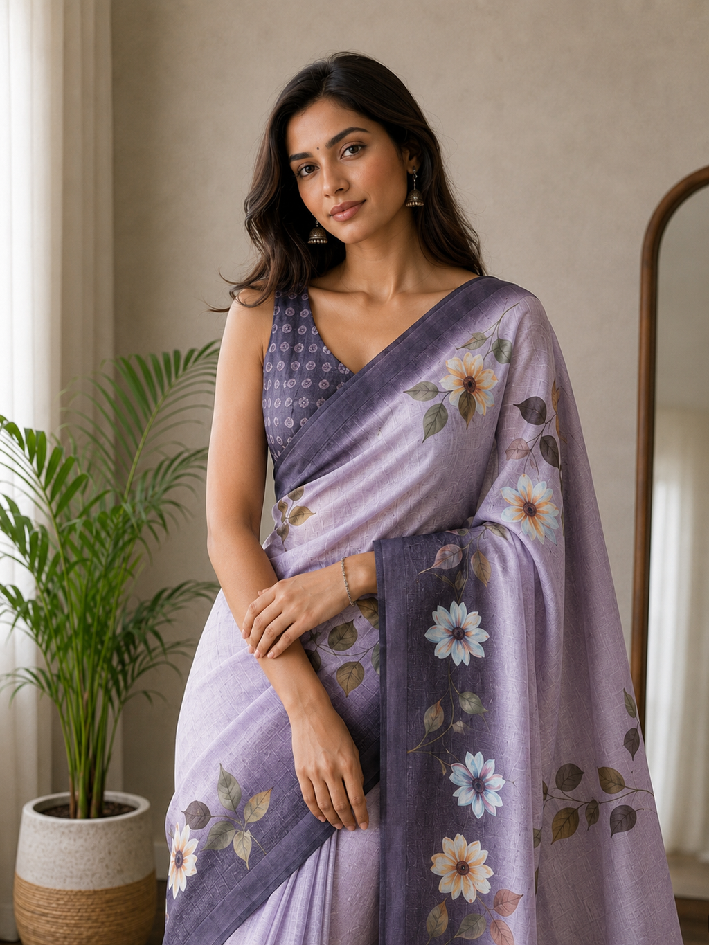 Purple Floral Printed Linen Blend Saree