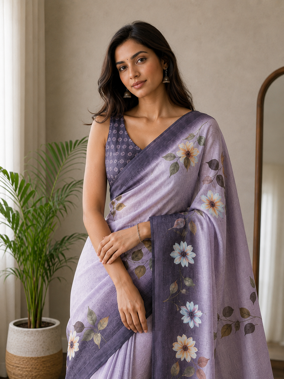 Purple Floral Printed Linen Blend Saree