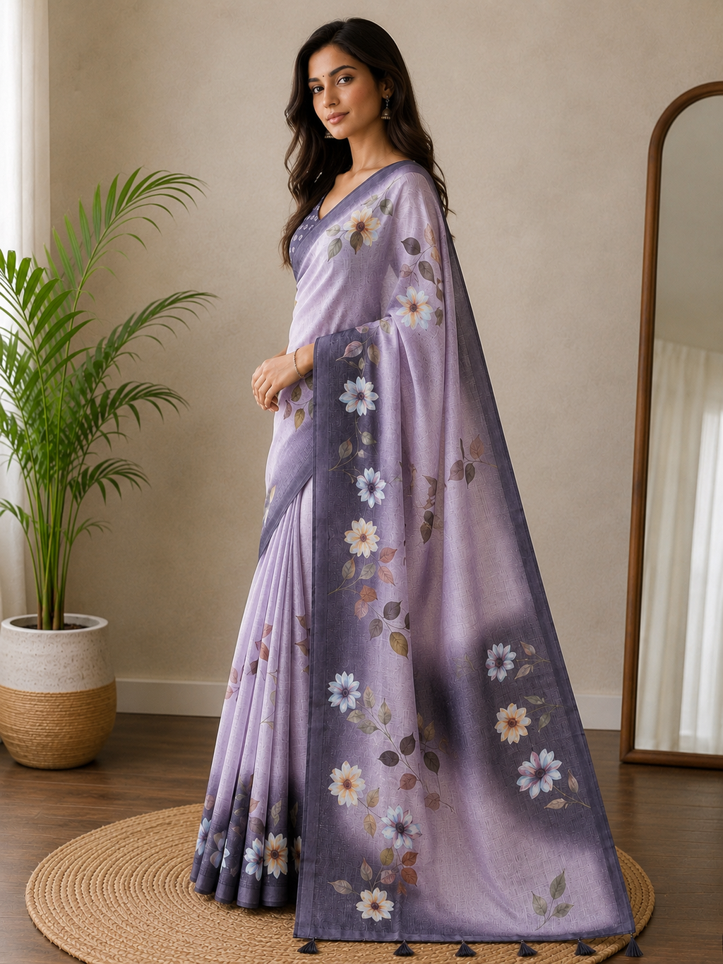 Purple Floral Printed Linen Blend Saree